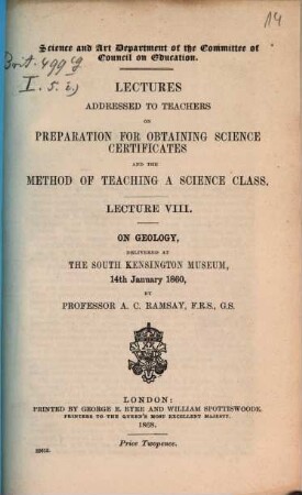On geology : delivered at The South Kensington Museum, 14th January 1860