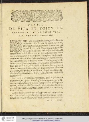 Oratio de vita et obitu reverendi et clarissimi viri d.d. georgii sohn &c.