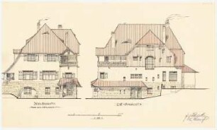 Einfamilienwohnhaus, Berlin-Nikolassee: Aufriss Südansicht, Ostansicht 1:100, Maßstabsleiste
