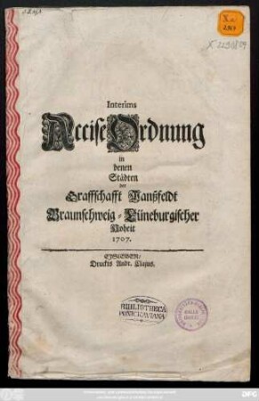 Interims AcciseOrdnung in denen Städten der Graffschafft Manßfeldt Braunschweig-Lüneburgischer Hoheit 1707.