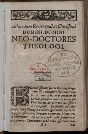 Admod`um Reverendi ac Clarissimi Domini, Domini Neo-Doctores Theologi.