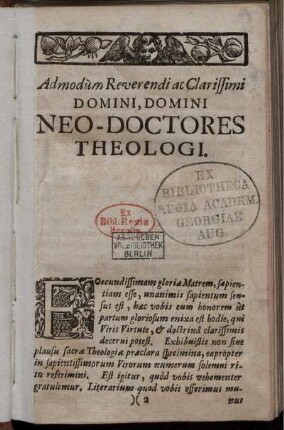 Admod`um Reverendi ac Clarissimi Domini, Domini Neo-Doctores Theologi.