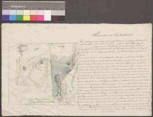 Bornstädt [Manöverkarte]; ohne Verfasser; ohne Maßstab; Kartengröße 28,2 x 26 cm; Blattgröße 49 x 30 cm; Kartenrand: Borne; Lindstädt-Bornstädt; Nedlitz; Papier; Federzeichnung mit Schraffen; Gewässer, Waldungen und Truppenstellungen in Wasserfarben; rechts Beschreibung.