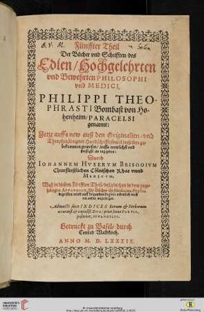 [Druck:] Paracelsus, Opera, Bd. 5, Basel: Konrad von Waldkirch, 1589