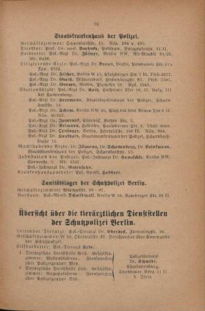 Übersicht über die tierärztlichen Dienststellen der Schutzpolizei Berlin