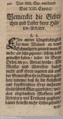 Das XIII. Capitel/ Bemercket die Gebrechen und Laster derer Hütten-Arbeiter.