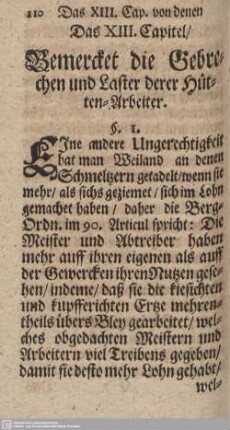 Das XIII. Capitel/ Bemercket die Gebrechen und Laster derer Hütten-Arbeiter.
