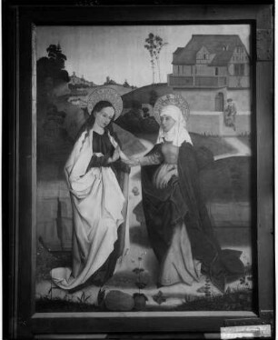 Tiefenbronn Katholische Kirche Sankt Maria Magdalena Hochaltar (1469) von Hans Schüchlin geschlossen linker Flügel, oben Begegnung Maria und Elisabeth