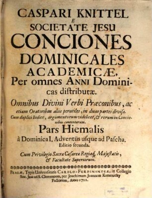 Conciones Dominicales academiae : Pars hyem-aestivalis