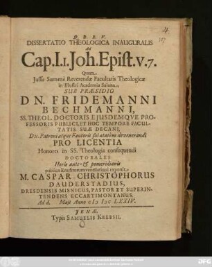 Dissertatio Theologica Inauguralis Ad Cap. I. 1. Joh. Epist. v. 7.