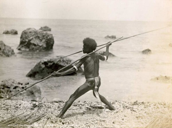 "Man of Ahia fencing with two spears."