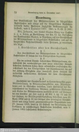 Verordnung, den Gerichtsstand der Militärpersonen in bürgerlichen Rechtssachen und einige auf die bürgerlichen Rechtsverhältnisse dieser Personen bezüglichen Bestimmungen betreffend : vom 4. December 1867
