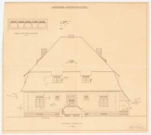 Einfamilien-Wohnhaus, Sauen: Aufriss Vorderansicht 1:50; Detail 1:10: Oberlicht der Haustür