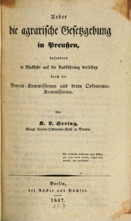 Ueber die agrarische Gesetzgebung in Preußen