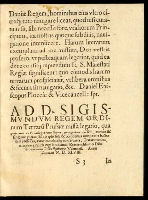 Ad D. Sigismundum Regem Ordinum Terrarum Prussiae missa legatio ... Anno Domini M. D. XLVIII.