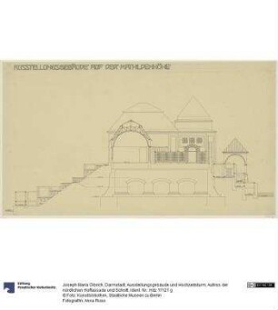 Darmstadt, Ausstellungsgebäude und Hochzeitsturm, Aufriss der nördlichen Hoffassade und Schnitt