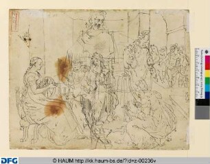 Lucretia und die Frauen beim Spinnen (gegenseitig); Skizze eines Mannes mit Umhang