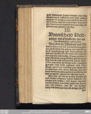 III. Unterscheid Heidnischer und Christlicher lere/ von der Oeconomia und Politia.