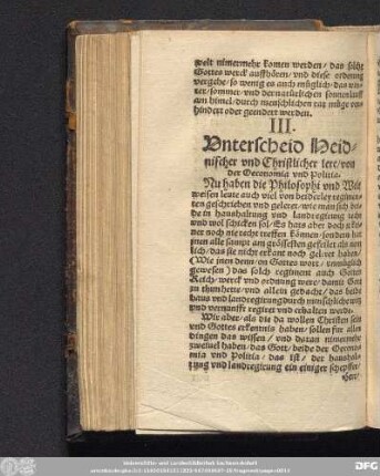 III. Unterscheid Heidnischer und Christlicher lere/ von der Oeconomia und Politia.