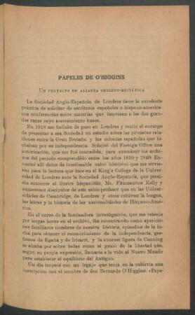 Papeles de O'Higgins - Un proyecto de alianza chileno-británica