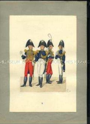 Uniformdarstellung, Generaladjutanten und Flügeladjutanten in Gala bzw. Interim, Sachsen, 1810/1811. Veränderte Kopie aus: Abbildung der neu organisierten Königlich-Sächsischen Armee.