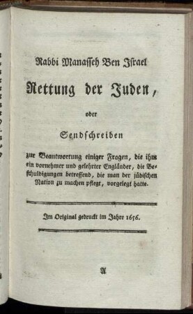 Rabbi Manasseh Ben Israel Rettung der Juden, oder Sendschreiben zur Beantwortung einiger Fragen,...
