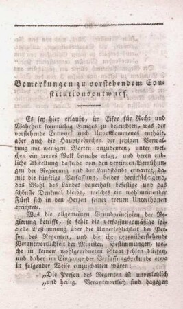 Bemerkungen zu vorstehendem Constitutionsentwurf.