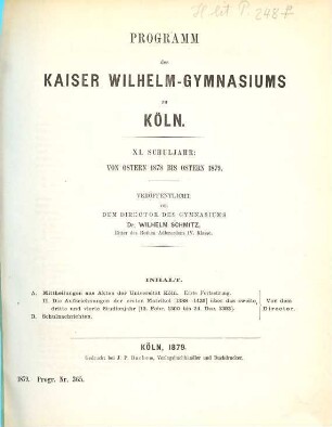 Programm des Königlichen Kaiser-Wilhelm-Gymnasiums zu Köln : ... Schuljahr von Ostern ... bis Ostern .... 1878/79 = 11