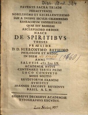 Favente Sacra Triade Permittente Nobilissimo Et Excellentissimo Iam A Dvobvs Secvlis Celeberrimo Ravracorvm Vniversitatis Qvae Est Basileae Asclepiadeo Ordine Hasce De Spiritibvs Theses