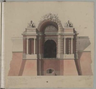 Wesel, Stadttor, Entwurf, Aufriss der Feldseite : Wesel, Stadttor, Entwurf, Aufriss der Feldseite mit Maßangaben und Erläuterungen, Jean de Bodt, 1. Hälfte 18. Jh. Feder, Graphit, Pinsel in Wasserfarbe/Papier. 44,4 x 45,8 cm. Vgl. Bl. 37.
