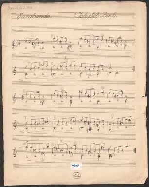 Suites, Excerpts. Arr, guit, BWV 1011, a-Moll - BSB Mus.N. 122,503 : [caption title:] Sarabande. // Joh. Seb. Bach