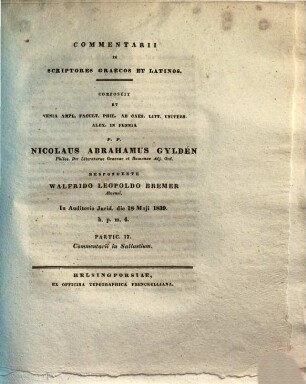 Commentarii in scriptores Graecos et Latinos, Partic. 17.. Commentarii in Sallustium