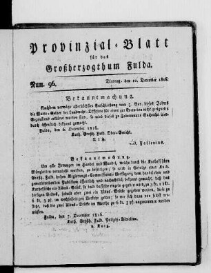 Num. 96., Ausgabe vom 10. Dezember 1816