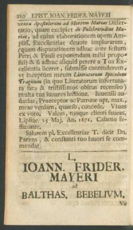 L. Ioann. Frider. Mayeri ad Balthas. Bebelium