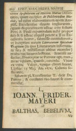 L. Ioann. Frider. Mayeri ad Balthas. Bebelium