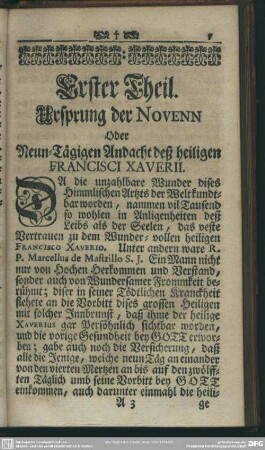 Erster Theil. Ursprung der Novenn Oder Neun-Tägigen Andacht deß heiligen Francisci Xaverii