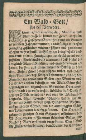 Ein Wald-Gott/ stat deß Vorreders.