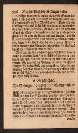 6.Geschichte. Die Betriegerin beziehet einen Mann umb 20 Reichsthaler.