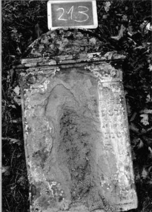 Grabstein 213 (Index: 100090553) Material: Sandstein Zustand: beschäd/abgeblätt/fast völlig. Textverlus Maße HxBxT: 90x47x11 cm Beschreibung: Stele, Segmentbogenabschluß, Schriftfeld eingetieft Symbolik: Voluten über Schriftfeld: Grabstein 213