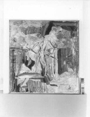 Abstrahierte Komposition GUARD : Abstrahierte Komposition GUARD. Papiercollage, Teilzeichnung und Polyesterschmelze; 67 x 64 cm (mit Rahmen). 1977