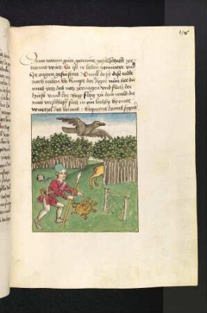 Der Jäger am Netz mit Schildkröte, Rabe, der Hirsch flieht, die Maus verschwindet im Loch; (Kapitel IV: Von der Taube und von treuen Gefährten).