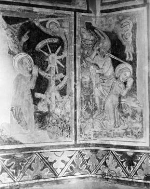 Martyrium der heiligen Katharina : Martyrium der heiligen Katharina. Fresko (um 1400). Villach, Pfarrkirche Sankt Leonhard, Chor