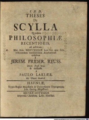 Theses De Scylla Quadam Philosophiae Recentioris