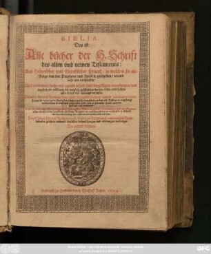1,1: Darinnen Die fünf bücher Mosis: Als nemlich Genesis Das ist/ das buch von der schöpfung. Exodus Das ist/ das buch von dem außzug aus Egypten. Leviticus Das ist/ das buch von dem Levitischen priesterthum. Numeri Das ist/ das buch von der zehlung des volcks Israel. Deuteronomiu[m] Das ist/ das buch von der widerholung des Gesetzes