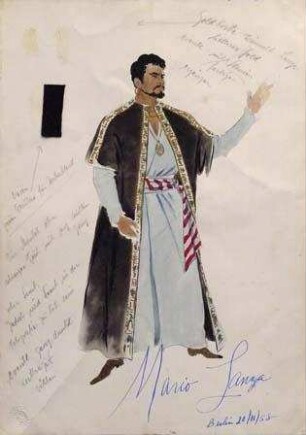 Kostümentwurf für "Tony Costa" in "Othello", mit Autogramm von Mario Lanza