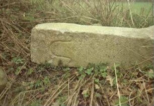 bei Steinfelder Redder: Grenzstein [Nr. 148] zwischen Poggensee [damals zu Altfresenburg] und Steinfeld: liegend: Detailaufnahme Inschrift rundes A