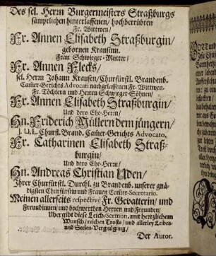 Des sel. Herrn Burgermeisters Straßburgs [...] Fr. Wittwen/ Fr. Annen Elisabeth Straßburgin/ gebornen Krausinn. [...]