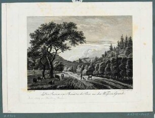 Blick aus dem Süden durch das Weißeritztal auf die Tharandter Burgruine, aus: Becker, Der Plauische Grund, 1799; Zustand mit Schrift