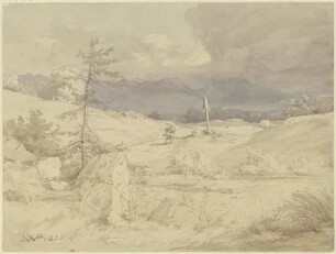 Aufziehendes Unwetter über einer Landschaft mit Wegkreuz