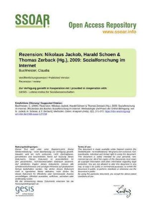 Rezension: Nikolaus Jackob, Harald Schoen & Thomas Zerback (Hg.), 2009: Sozialforschung im Internet